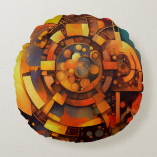 Steampunk Solar Mechanism Abstract Round Cushion