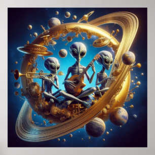 Steampunk Space Aliens Trio Musical Instruments Poster