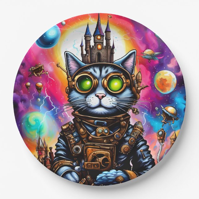 Steampunk Space Cat I Paper Plate (Front)