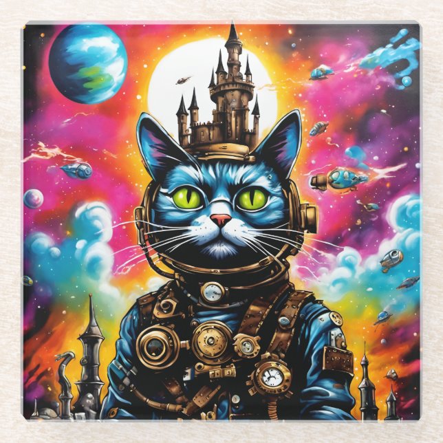 Steampunk Space Cat II Glass Coaster (Front)