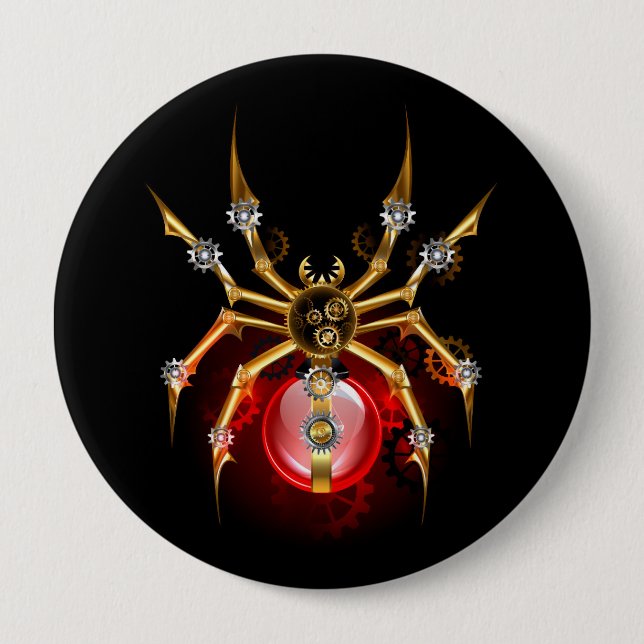 Steampunk spider on black 10 cm round badge (Front)