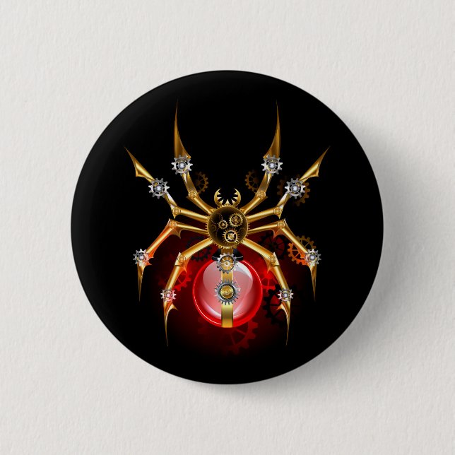 Steampunk spider on black 6 cm round badge (Front)