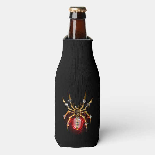 Steampunk spider on black bottle cooler (Bottle Front)