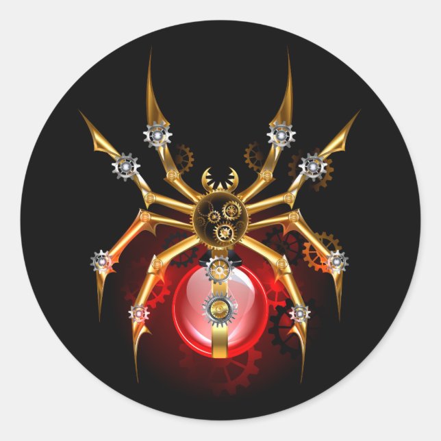 Steampunk spider on black classic round sticker (Front)