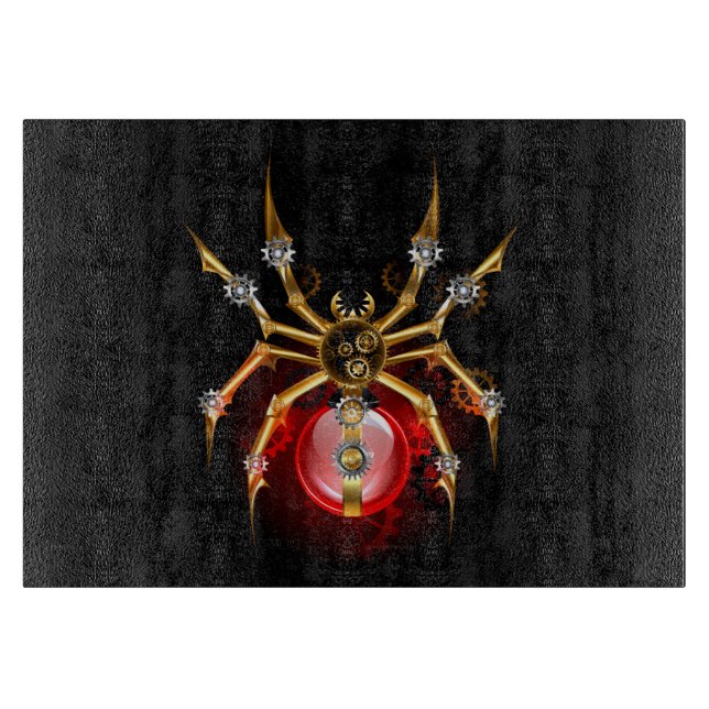 Steampunk spider on black cutting board (Front)