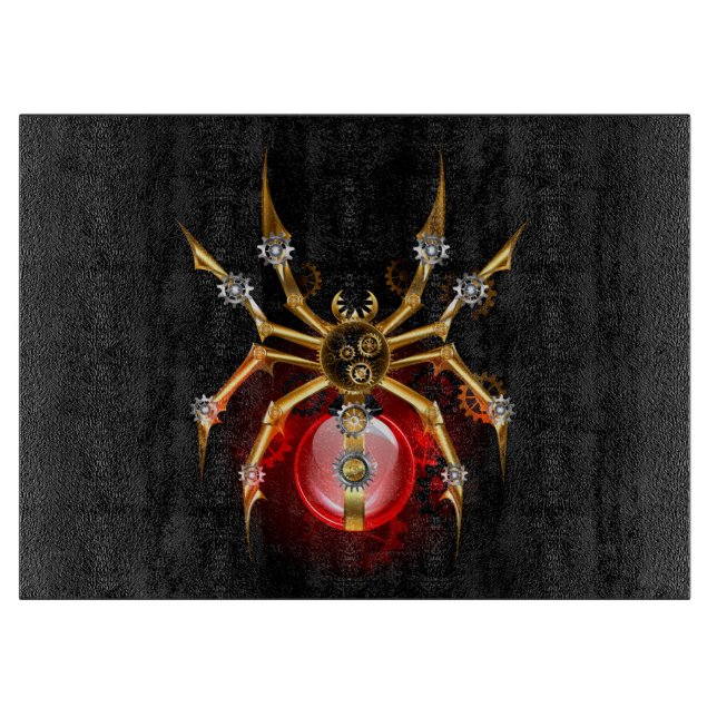 Steampunk spider on black cutting board (Front)