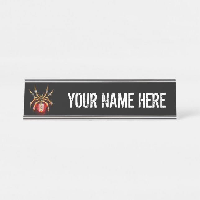 Steampunk spider on black desk name plate (Front)