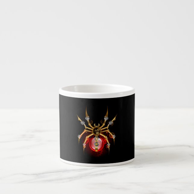 Steampunk spider on black espresso cup (Front)