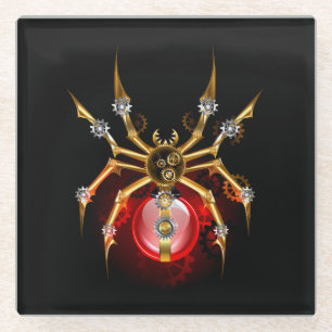 Steampunk spider on black glass coaster
