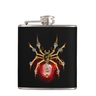 Steampunk spider on black hip flask