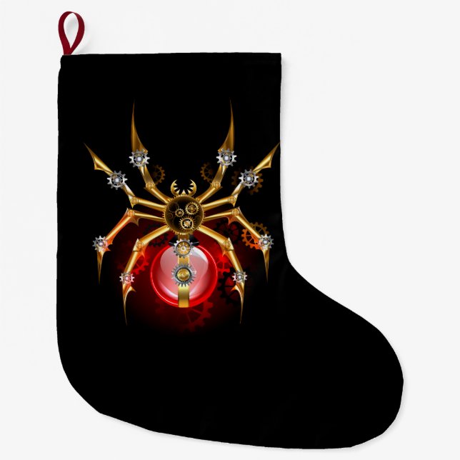 Steampunk spider on black large christmas stocking (Front)