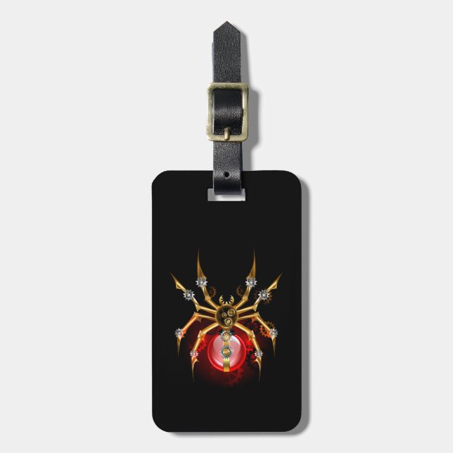 Steampunk spider on black luggage tag (Front Vertical)