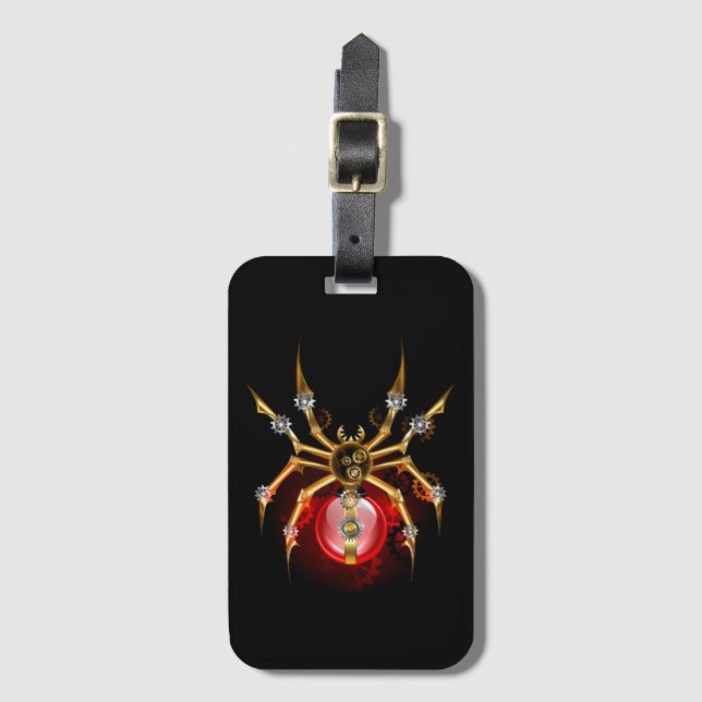 Steampunk spider on black luggage tag (Front Vertical)