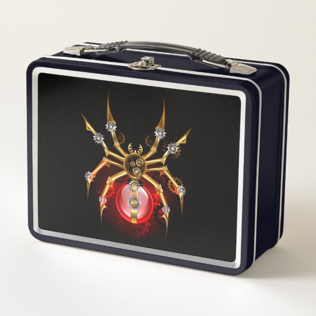 Steampunk spider on black metal lunch box (Front)