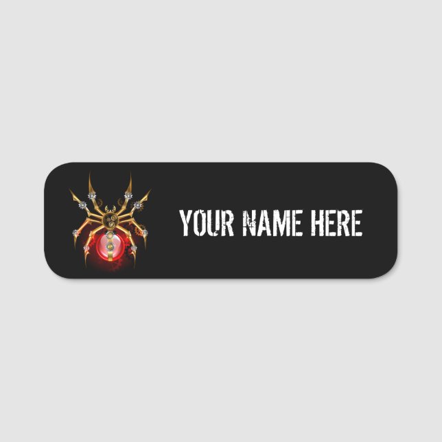 Steampunk spider on black name tag (Front)