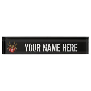Steampunk spider on black nameplate