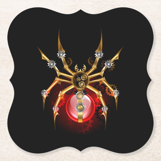 Steampunk spider on black paper coaster (Front)