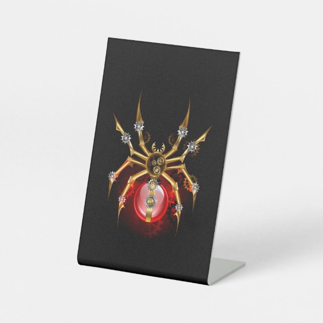 Steampunk spider on black pedestal sign (Front)