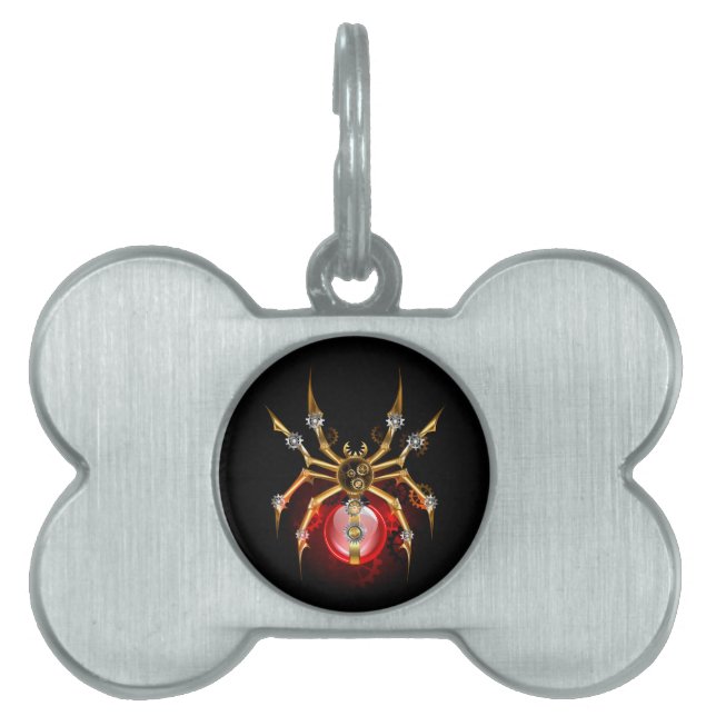 Steampunk spider on black pet ID tag (Front)