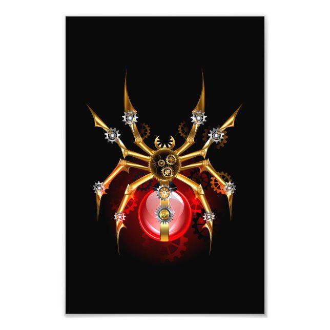 Steampunk spider on black photo print (Front)
