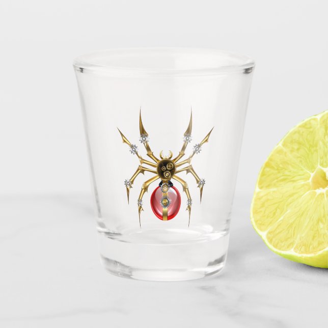 Steampunk spider on black shot glass (Front)