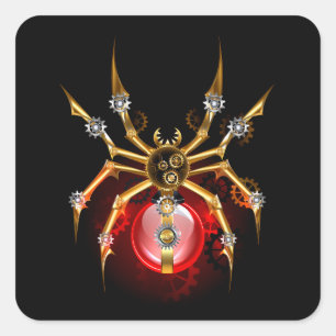 Steampunk spider on black square sticker