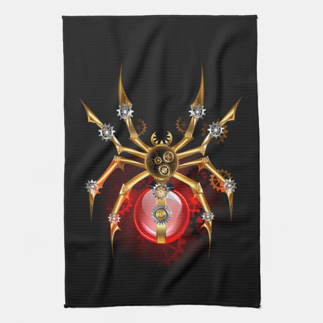 Steampunk spider on black tea towel (Vertical)