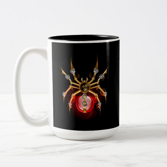 Steampunk spider on black Two-Tone coffee mug (Left)