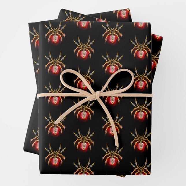 Steampunk spider on black wrapping paper sheet (In situ)