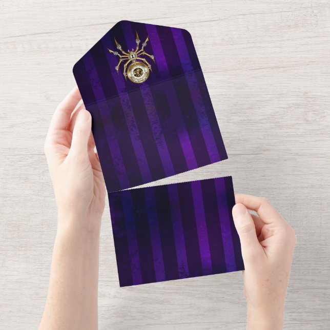 Steampunk Spider on Purple Background All In One Invitation (Tearaway)