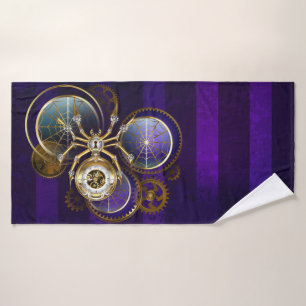 Steampunk Spider on Purple Background Bath Towel