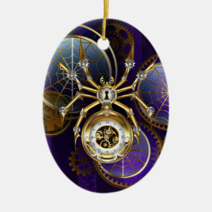 Steampunk Spider on Purple Background Ceramic Tree Decoration