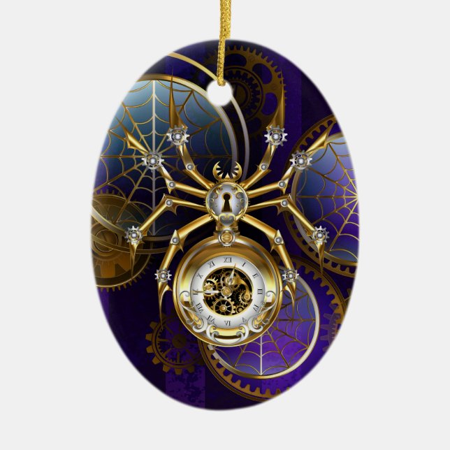 Steampunk Spider on Purple Background Ceramic Tree Decoration (Front)