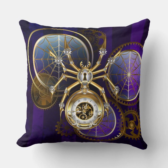 Steampunk Spider on Purple Background Cushion (Front)