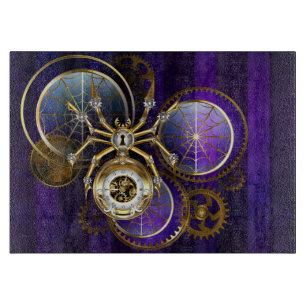 Steampunk Spider on Purple Background Cutting Board