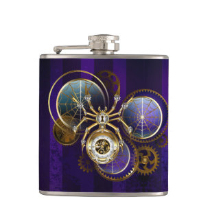 Steampunk Spider on Purple Background Hip Flask