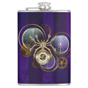 Steampunk Spider on Purple Background Hip Flask