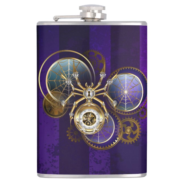 Steampunk Spider on Purple Background Hip Flask (Front)
