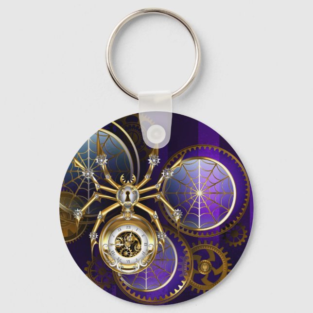 Steampunk Spider on Purple Background Key Ring (Front)