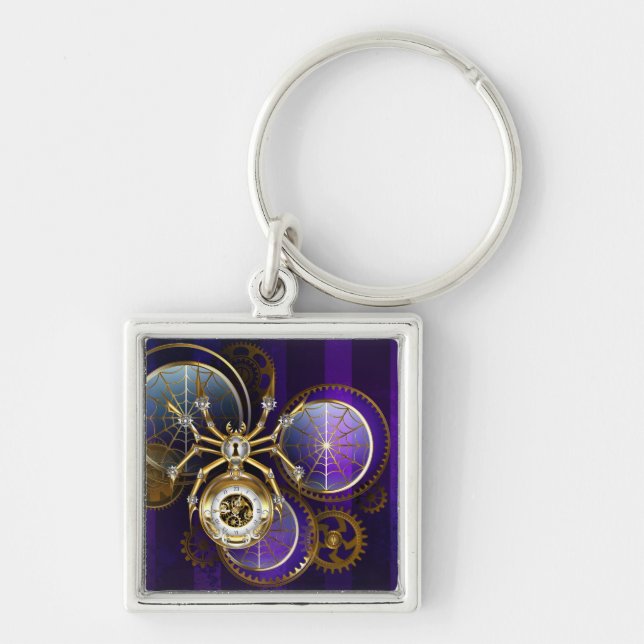 Steampunk Spider on Purple Background Key Ring (Front)