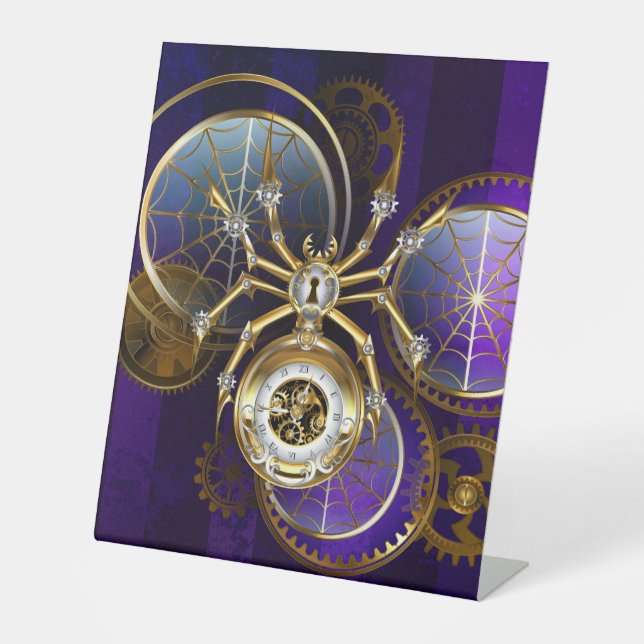 Steampunk Spider on Purple Background Pedestal Sign (Front)