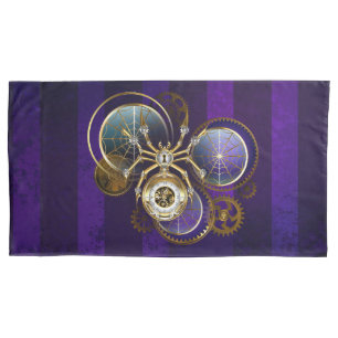 Steampunk Spider on Purple Background Pillowcase