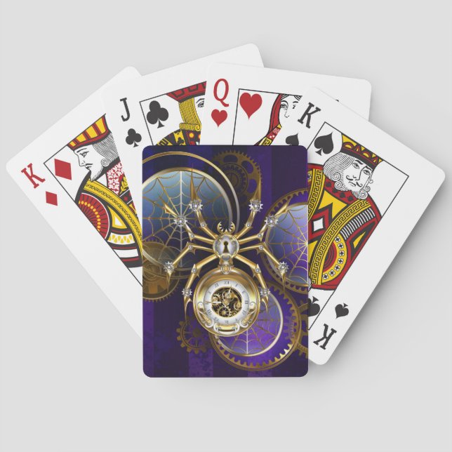 Steampunk Spider on Purple Background Playing Cards (Back)