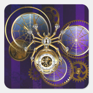 Steampunk Spider on Purple Background Square Sticker