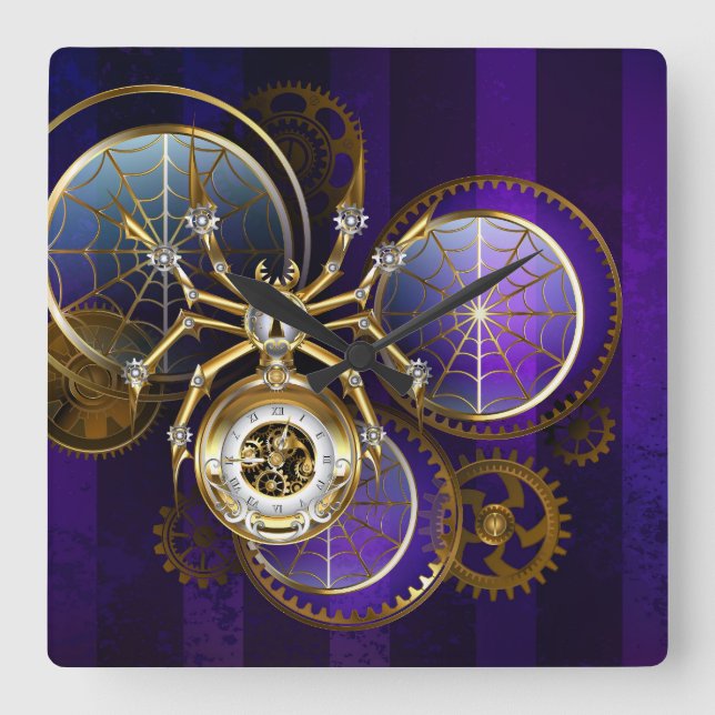 Steampunk Spider on Purple Background Square Wall Clock (Front)