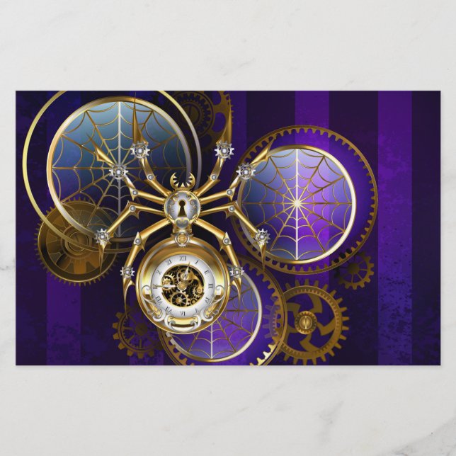 Steampunk Spider on Purple Background Stationery (Front)