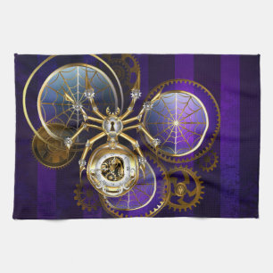Steampunk Spider on Purple Background Tea Towel