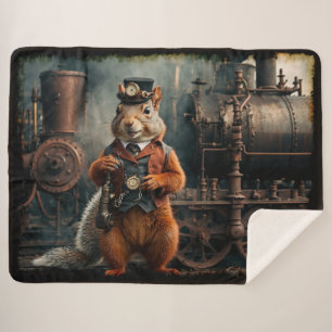 Steampunk Squirrel and Train Sherpa Blanket