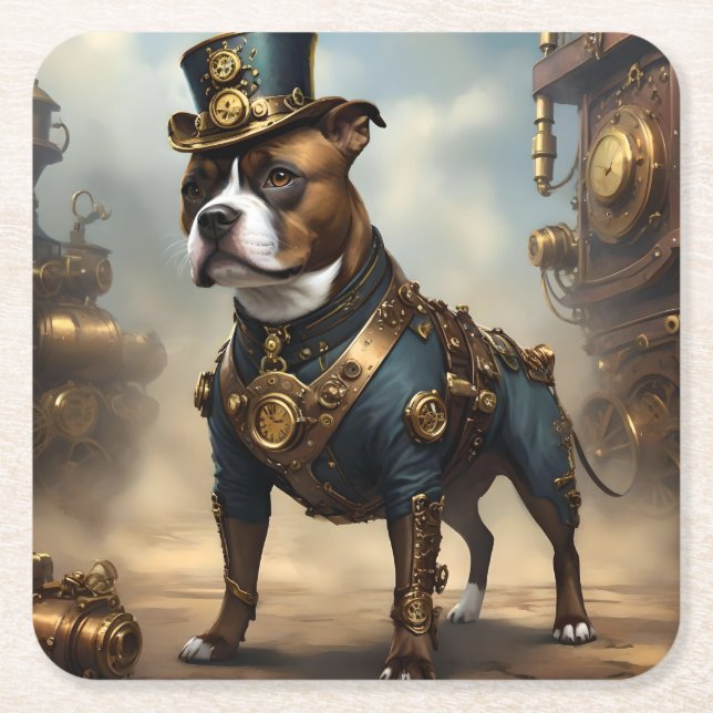 Steampunk Staffordshire Bull Terrier,  Square Paper Coaster (Front)