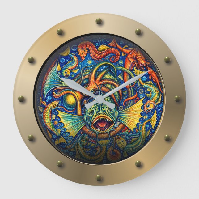 Steampunk Submarine Porthole Undersea Creatures Large Clock (Front)
